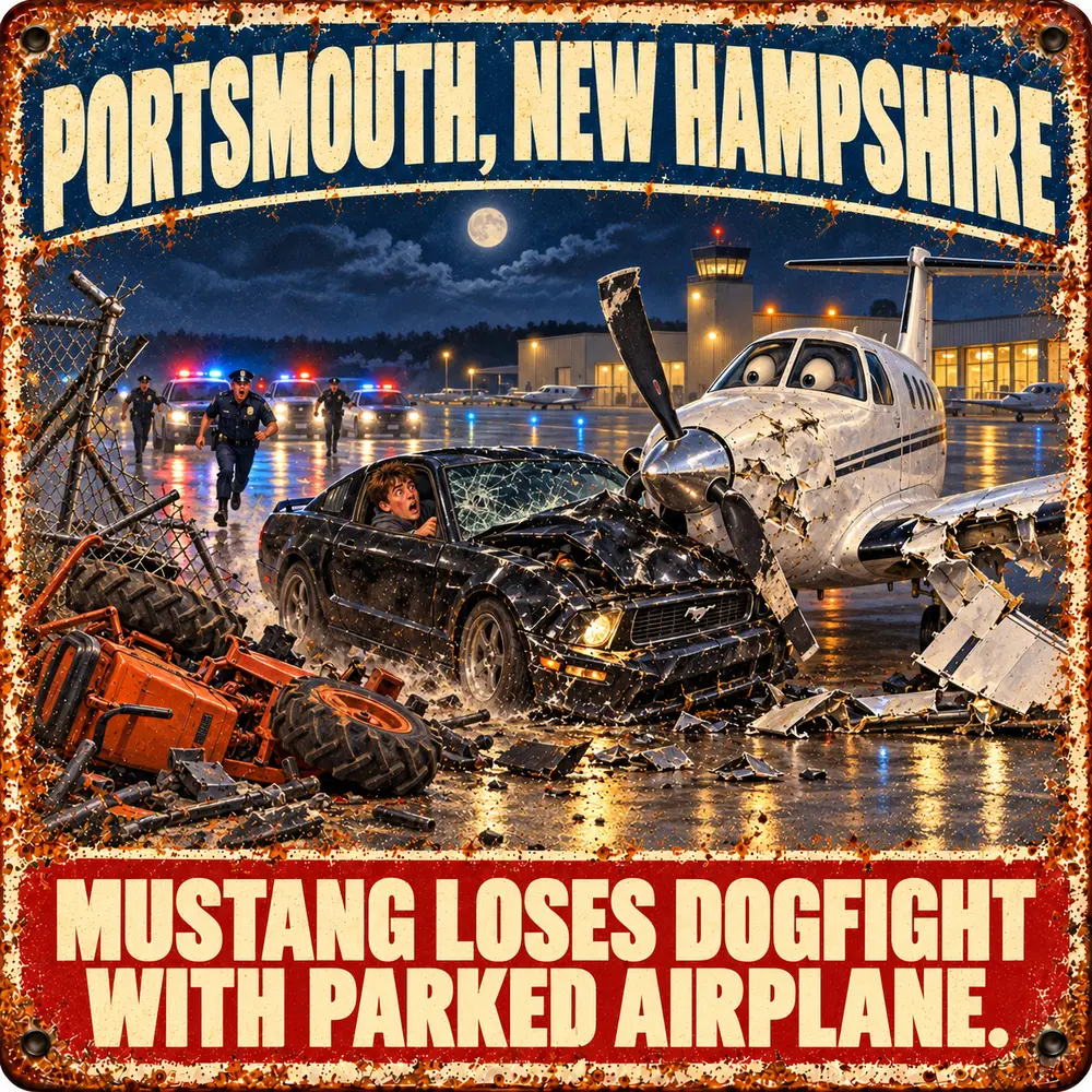 Satirical Blappos illustration: Fleeing Mustang challenges parked airplane, loses dogfight immediately