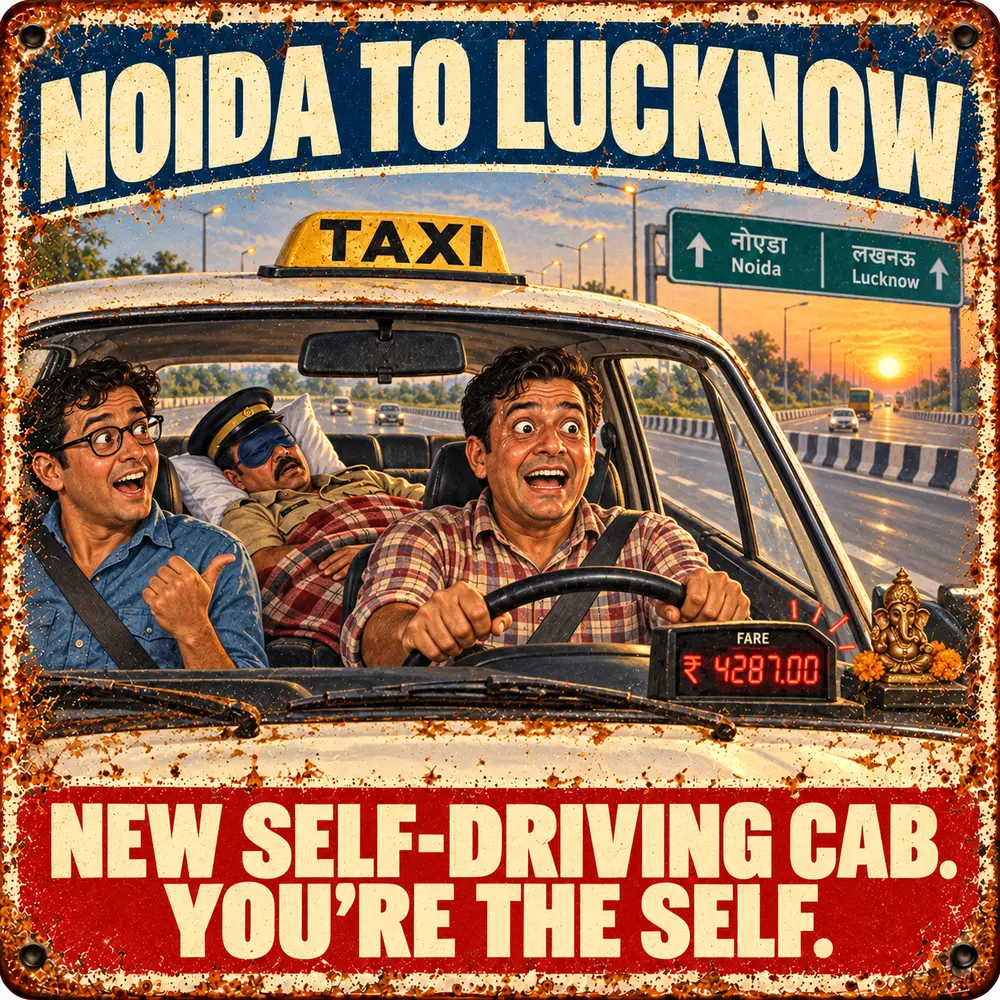 Satirical Blappos illustration: Passenger books a cab, becomes the cab, receives no promotion