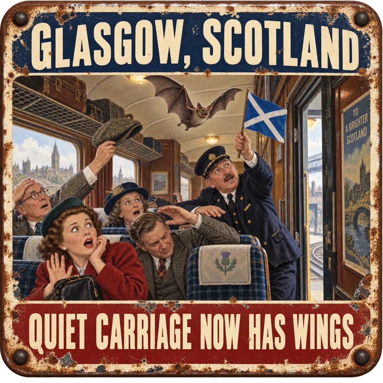 Satirical Blappos illustration: ScotRail quiet carriage adds one extremely airborne passenger