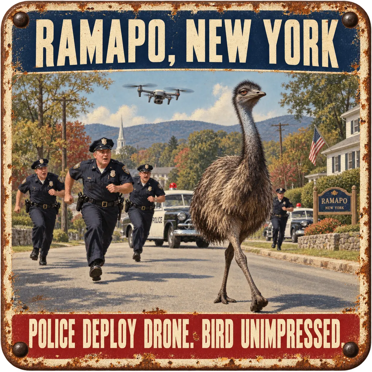 Satirical Blappos illustration: Police deploy drone against emu; bird declines to look worried
