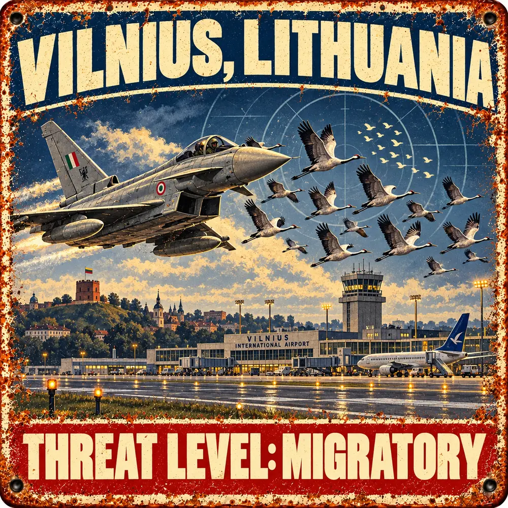 Satirical Blappos illustration: NATO scrambles a fighter jet; hostile formation turns out to be birds