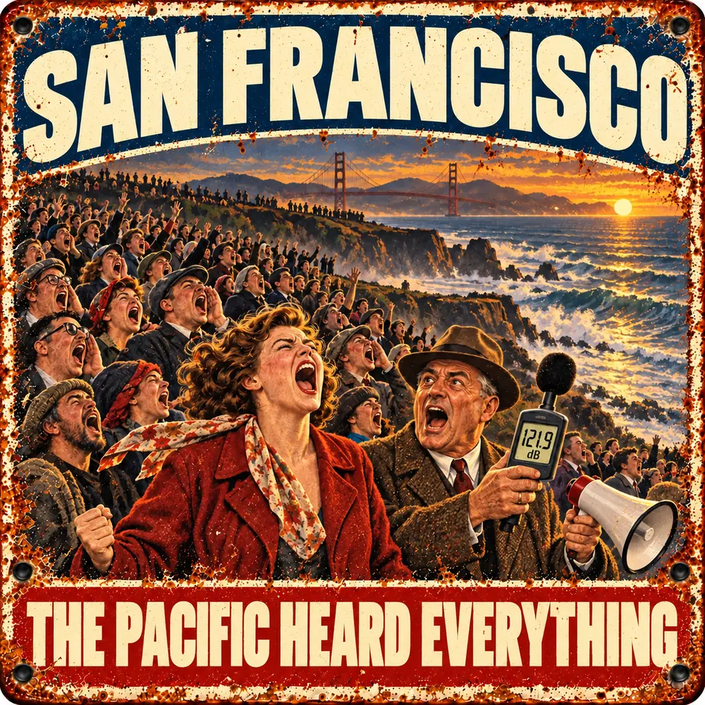 Satirical Blappos illustration: San Francisco screams at the Pacific; ocean declines to comment