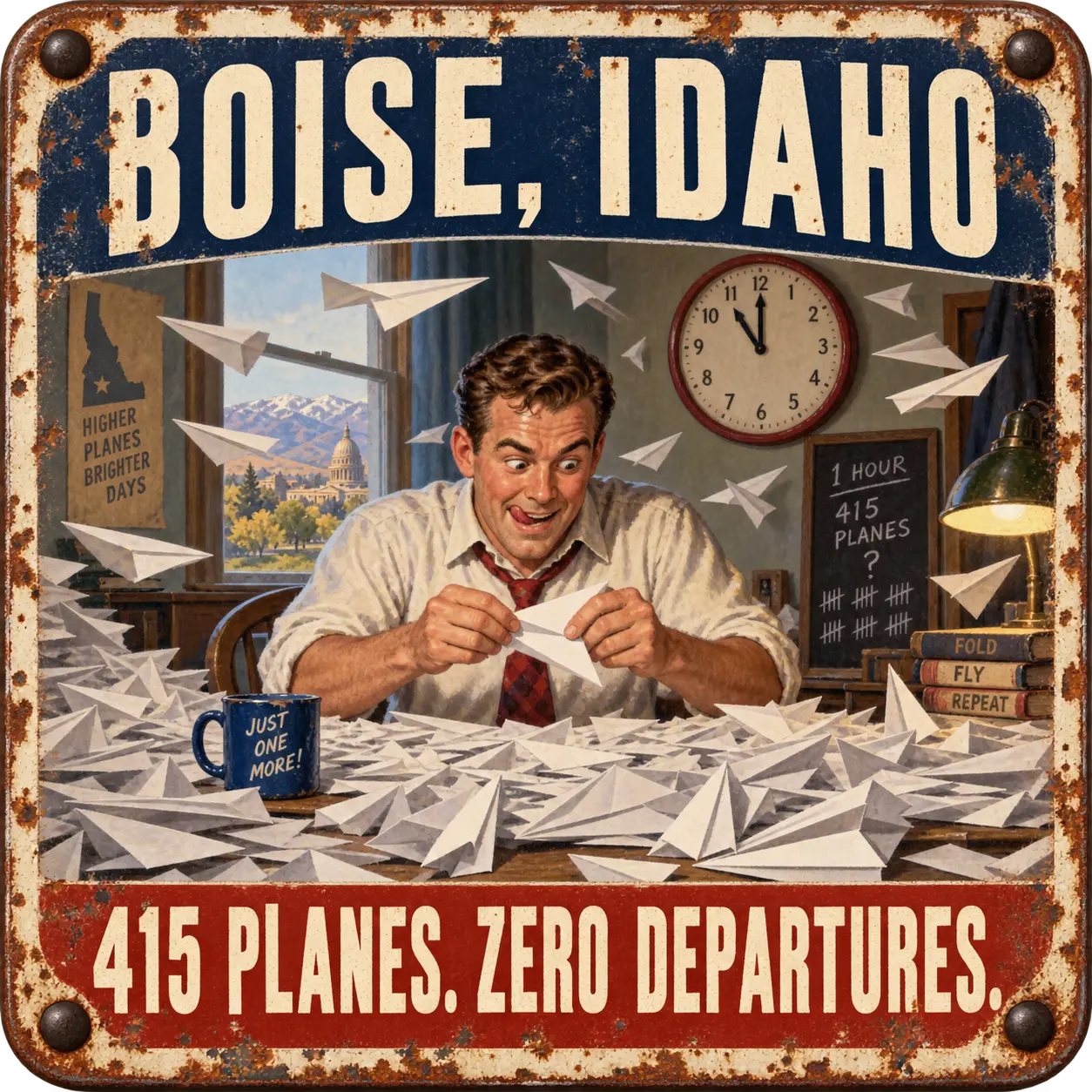 Satirical Blappos illustration: Man folds 415 paper planes; airport reports zero useful departures