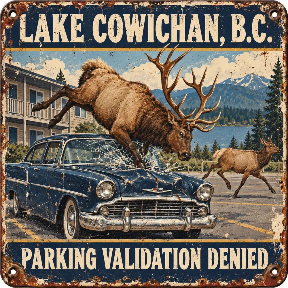 Satirical Blappos illustration: Elk mounts parked car; windshield resigns immediately