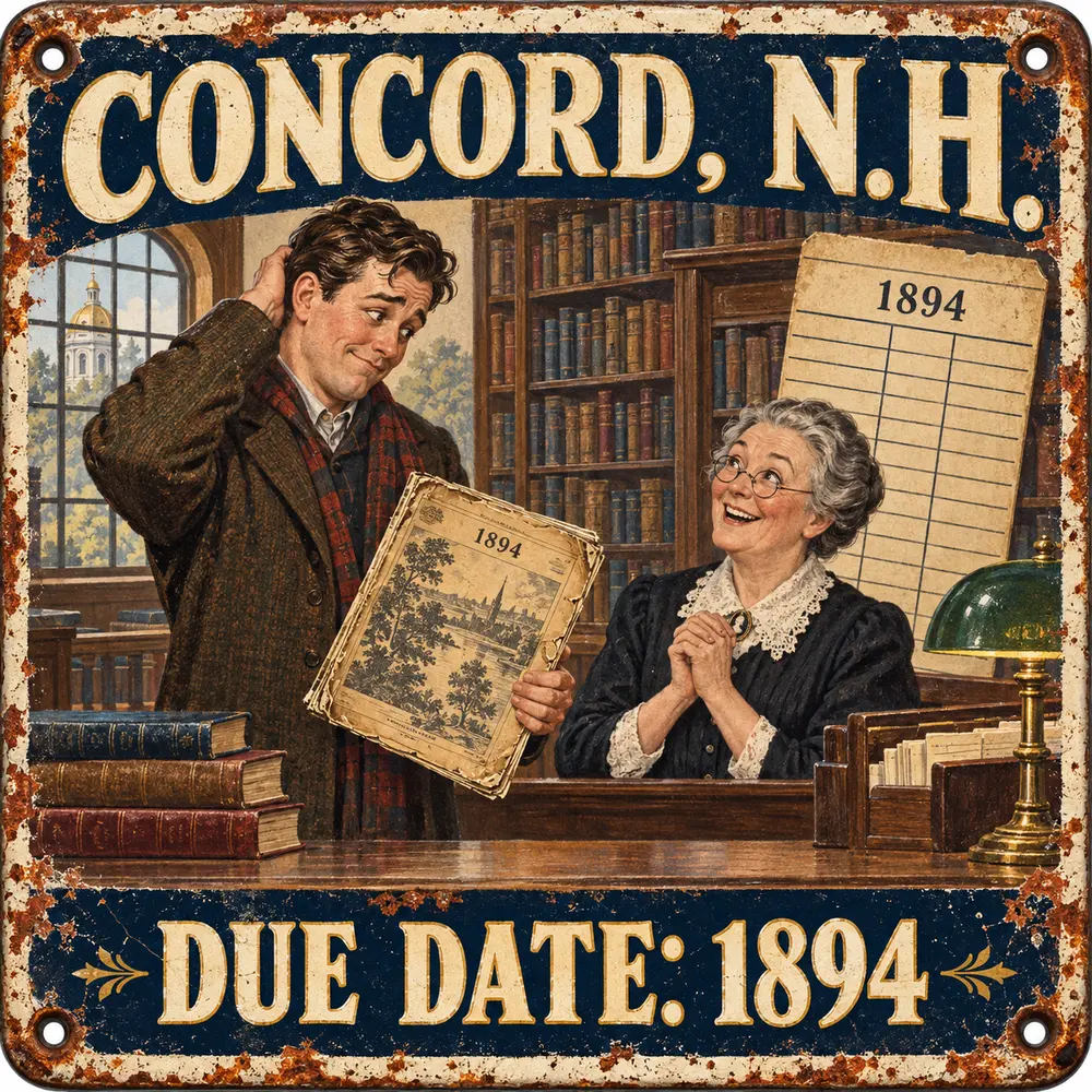 Satirical Blappos illustration: Library receives magazine 132 years late; fine arrives historically waived