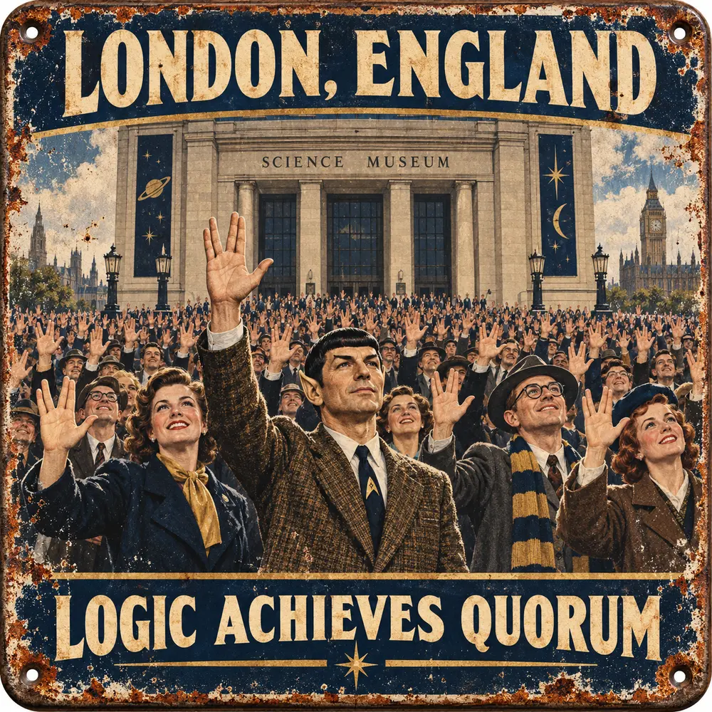 Satirical Blappos illustration: 934 Trekkies raise one hand; London records peak logic