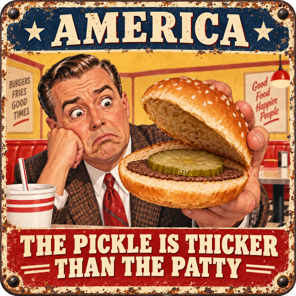 Satirical Blappos illustration: McDonald’s patty loses thickness contest to a pickle and demands a recount
