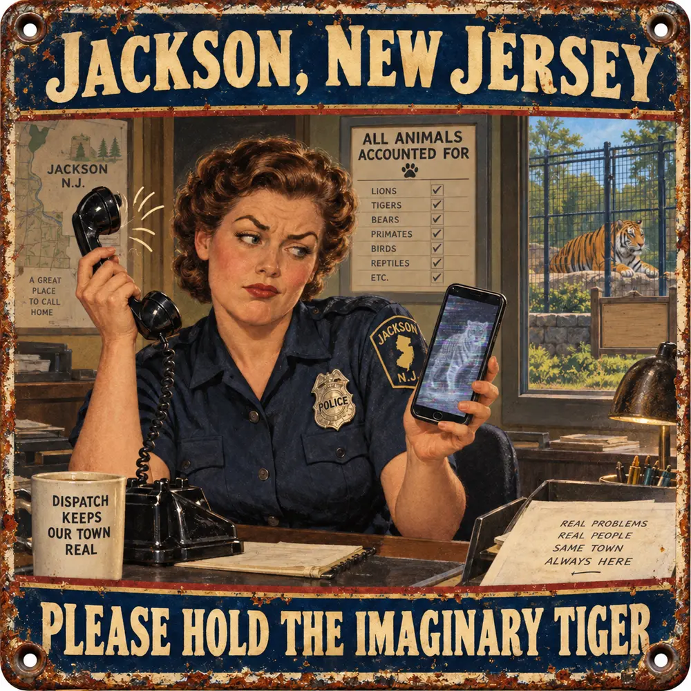 Satirical Blappos illustration: Viral tiger escapes only from a video; 911 still gets the paperwork