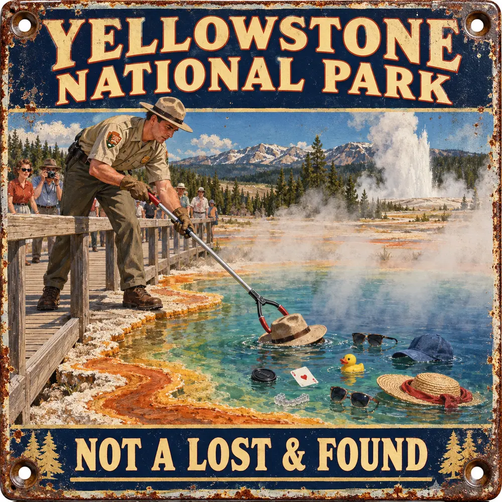 Satirical Blappos illustration: Yellowstone retrieves 20,100 trash pieces and 280 hats from the world’s worst lost-and-found