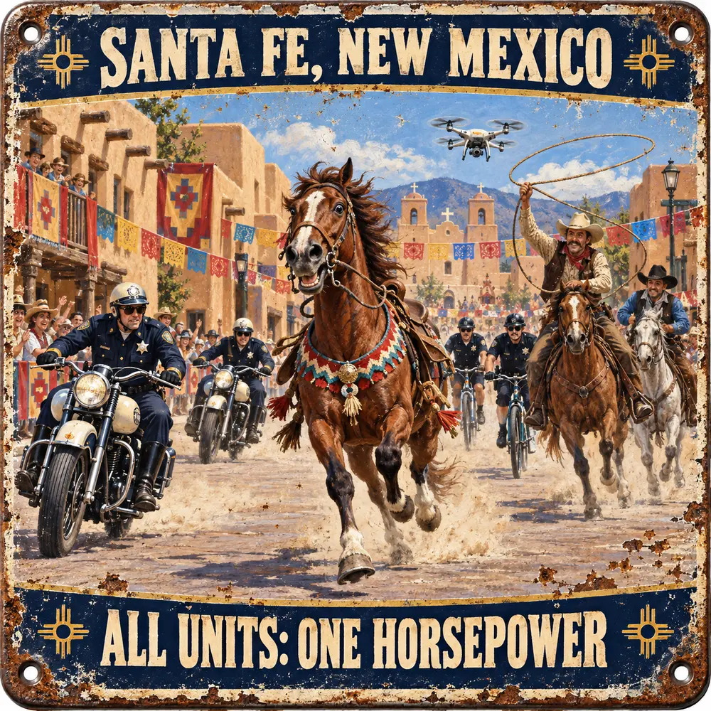Satirical Blappos illustration: Runaway parade horse activates motorcycles, drones and the entire cowboy reserve