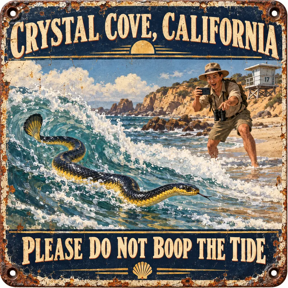 Satirical Blappos illustration: Venomous sea snake reaches California; beach towels lose diplomatic immunity