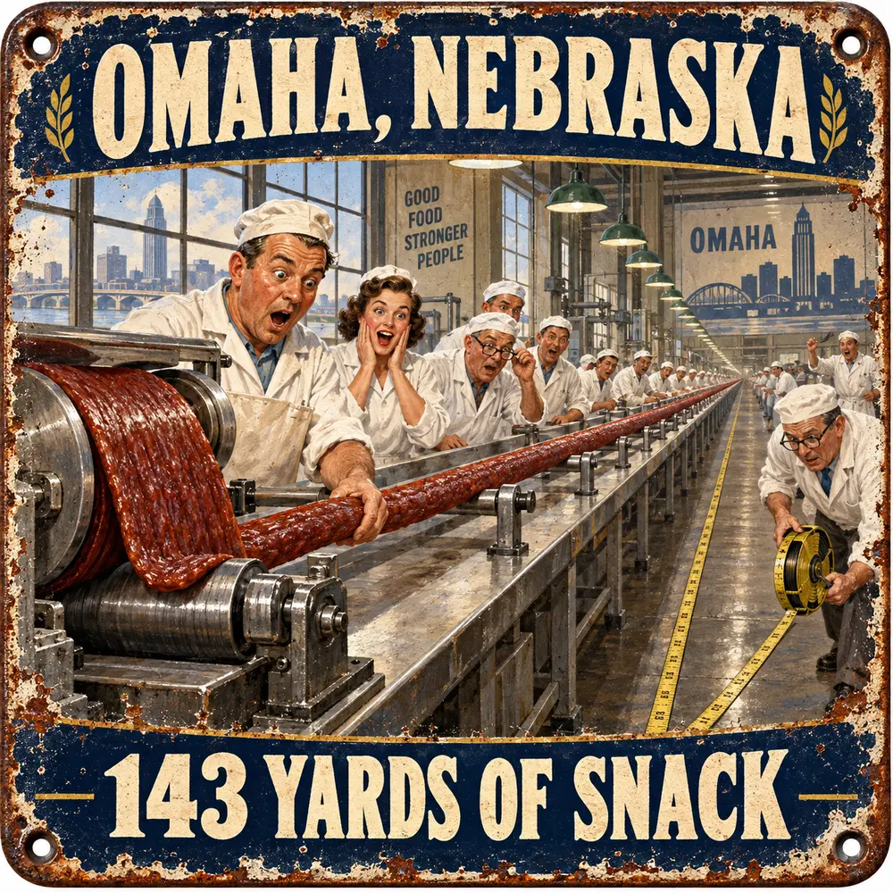 Satirical Blappos illustration: Omaha unspools 429 feet of Slim Jim; city declares protein infrastructure complete
