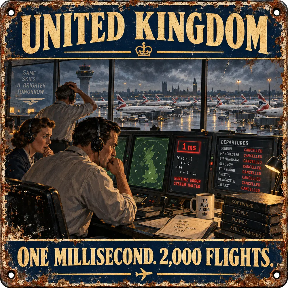 Satirical Blappos illustration: One millisecond breaks UK air traffic; 2,000 flights file a bug report