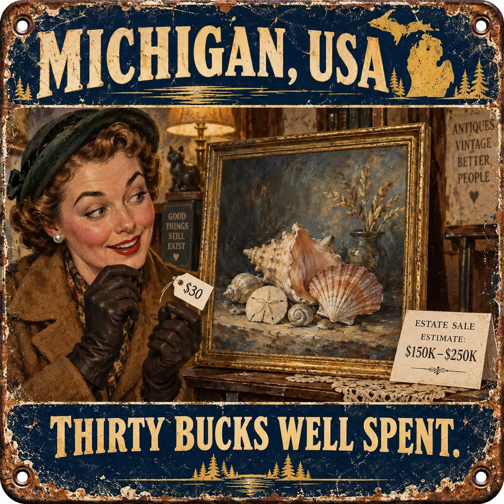 Satirical Blappos illustration: $30 estate-sale painting discovers it has a $250,000 résumé
