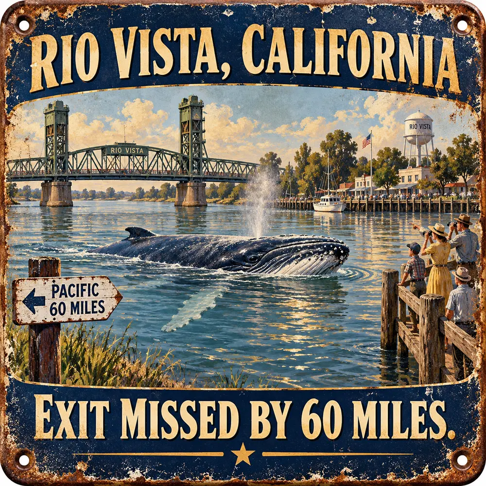 Satirical Blappos illustration: Humpback whale misses Pacific exit by 60 miles, tours Sacramento River