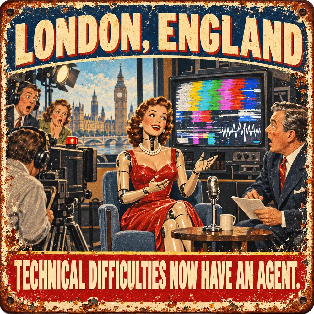 Satirical Blappos illustration: AI actress changes languages mid-interview; technical difficulty requests representation
