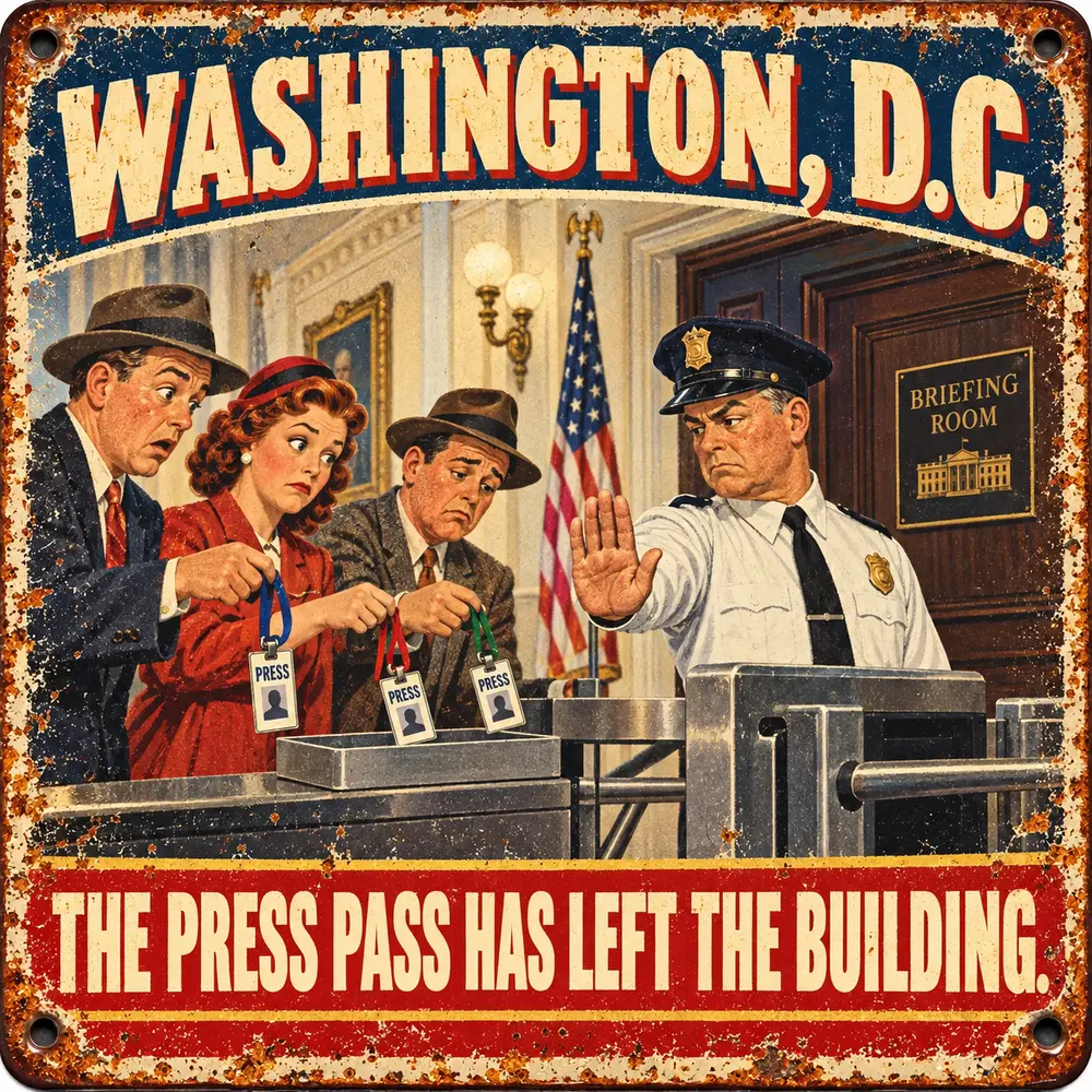 Satirical Blappos illustration: White House revokes access for reporters from CNN, MS NOW and Politico