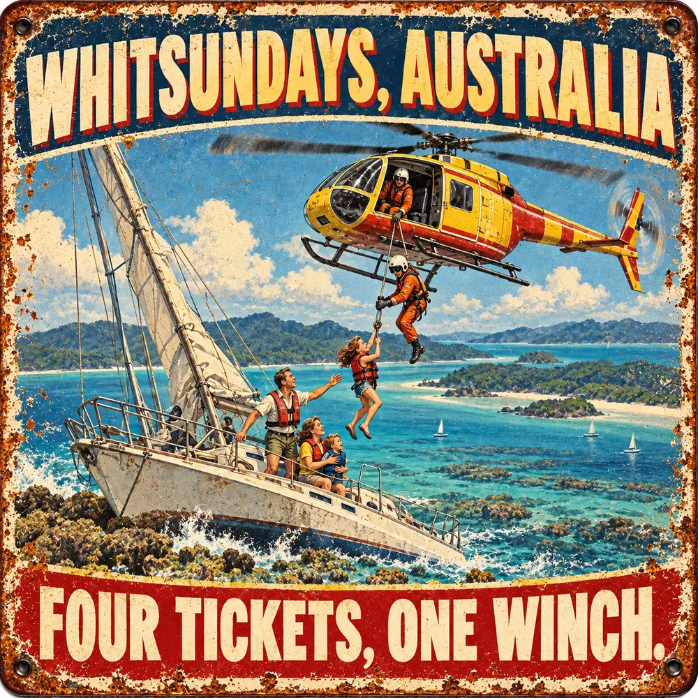 Satirical Blappos illustration: Rescue crew winches family of four from yacht grounded on remote reef