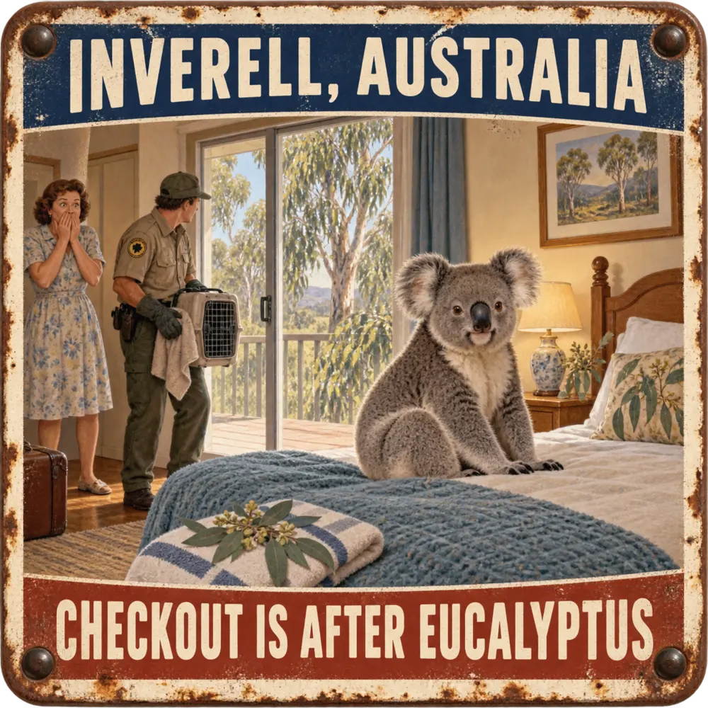 Satirical Blappos illustration: Koala checks into an Australian bedroom without a reservation