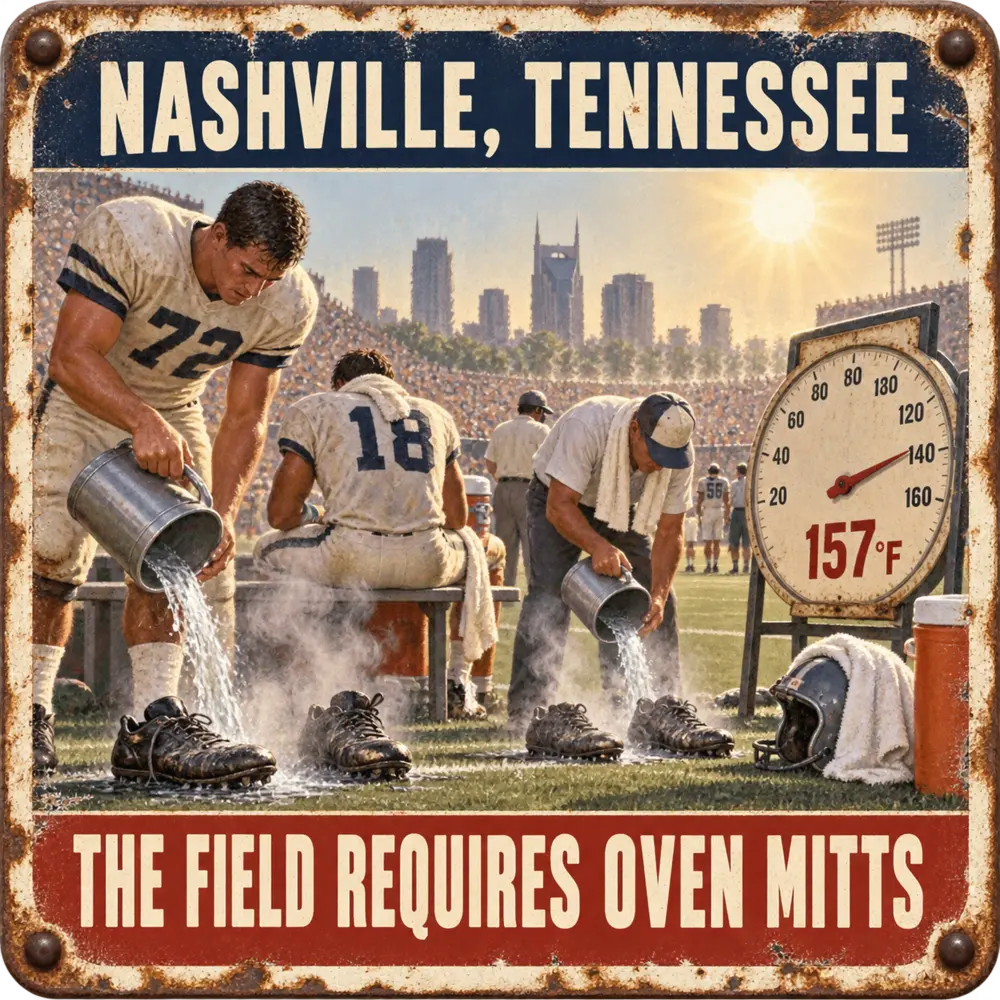 Satirical Blappos illustration: NFL players cool melting cleats as Nashville turf reaches 157°F