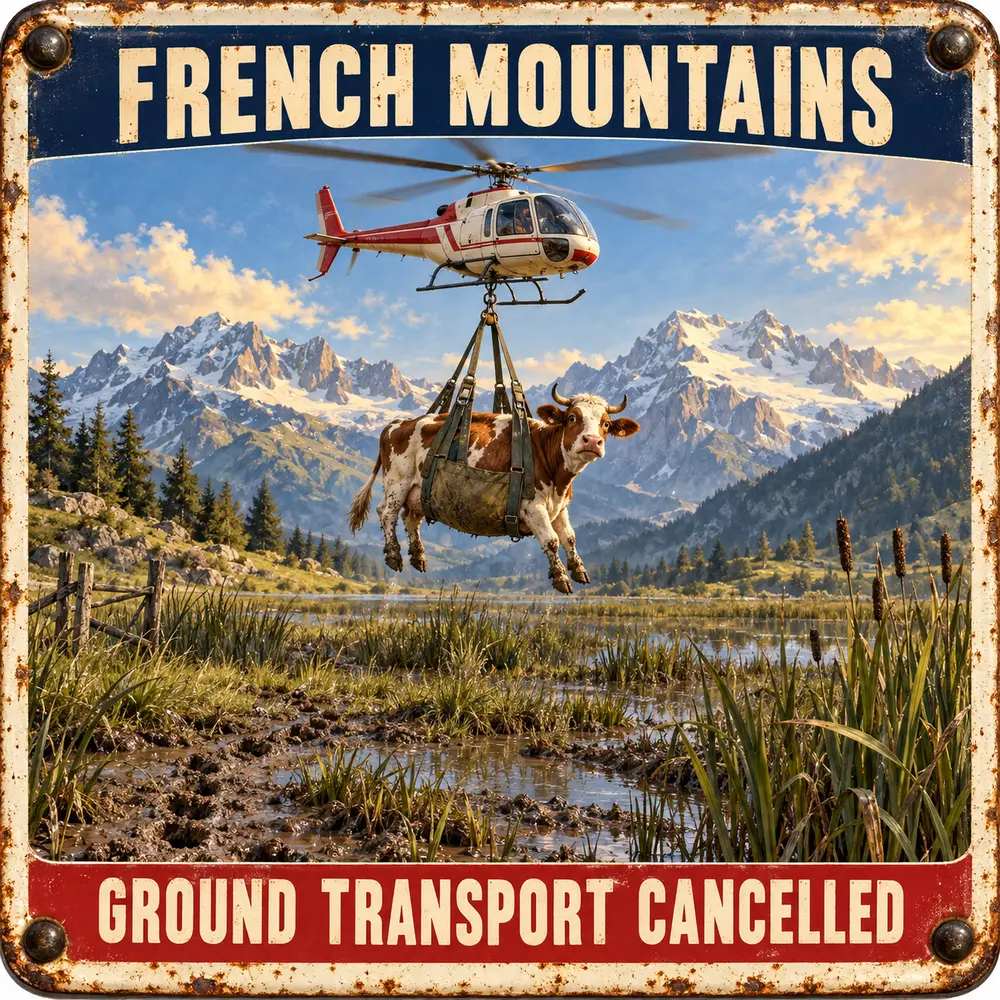 Satirical Blappos illustration: Cow leaves remote French mud by helicopter; ground transport unavailable