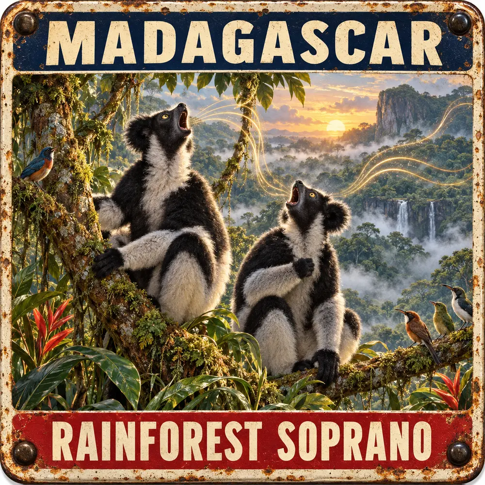 Satirical Blappos illustration: Singing lemurs use an opera trick to carry notes through Madagascar’s forest