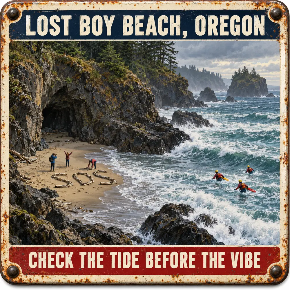 Satirical Blappos illustration: Tourists chase a dramatic beach photo; rising tide directs the sequel