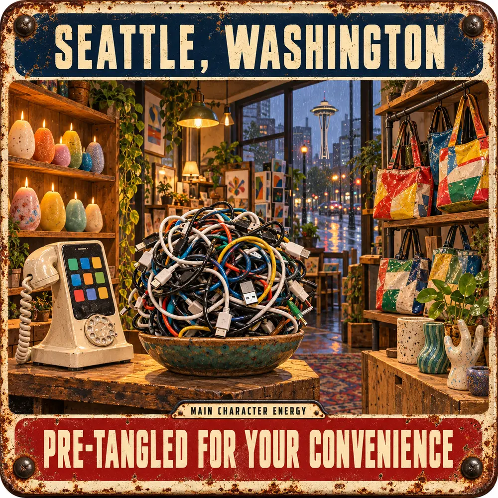 Satirical Blappos illustration: Seattle opens an “Inconvenience Store” with pre-tangled USB cords