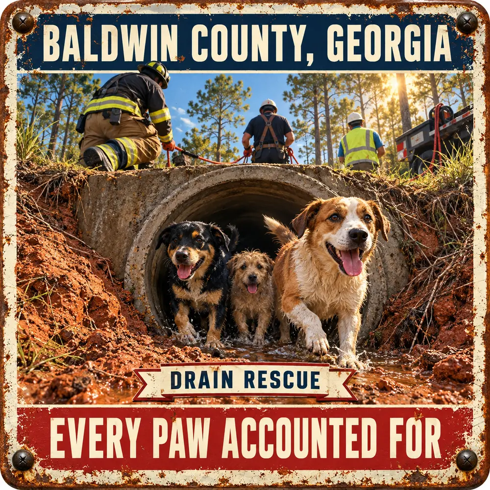 Satirical Blappos illustration: Firefighters, animal control and utility crews rescue dogs from a Georgia storm drain