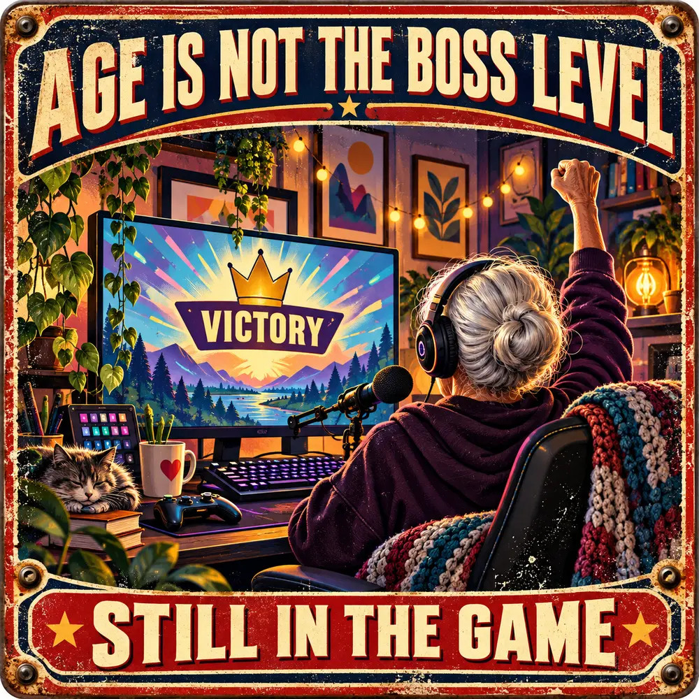 Satirical Blappos illustration: 78-year-old Scottish gamer becomes oldest female Fortnite streamer on Twitch