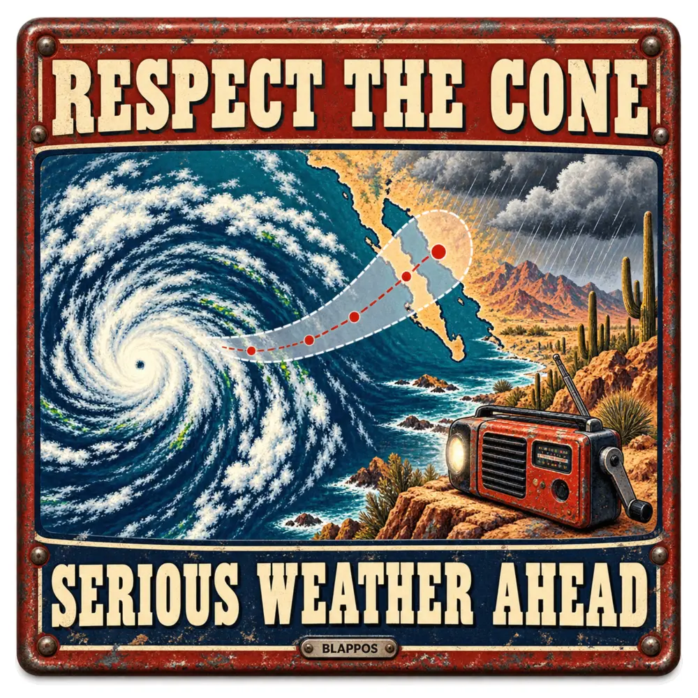 Satirical Blappos illustration: Hurricane Polo returns to Category 5 as Baja California watches its turn
