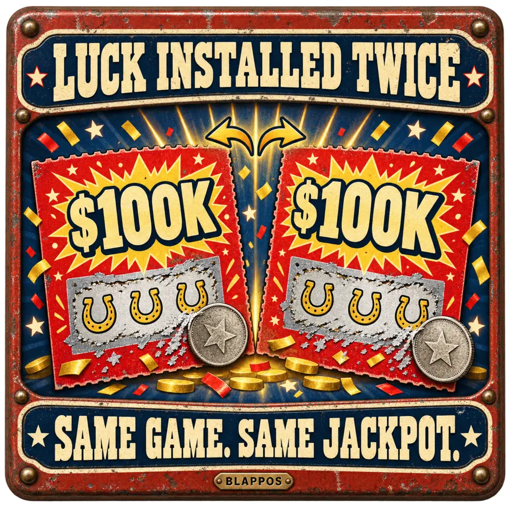 Satirical Blappos illustration: North Carolina woman wins the same $100,000 scratch-off prize twice
