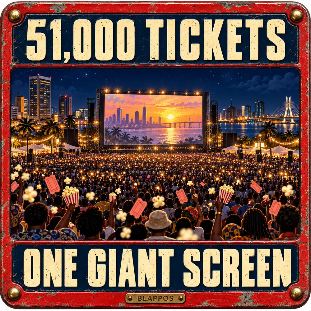 Satirical Blappos illustration: 51,000 moviegoers turn a Lagos square into the world's largest cinema