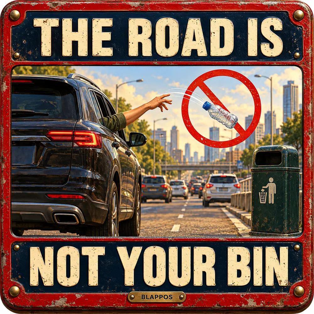 Satirical Blappos illustration: SUV passenger treats a Mumbai road like a moving trash can
