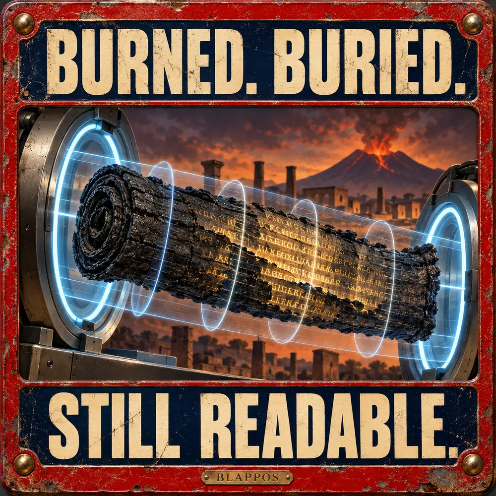 Satirical Blappos illustration: Scientists burn replica scrolls so ancient books can stay closed and still be read