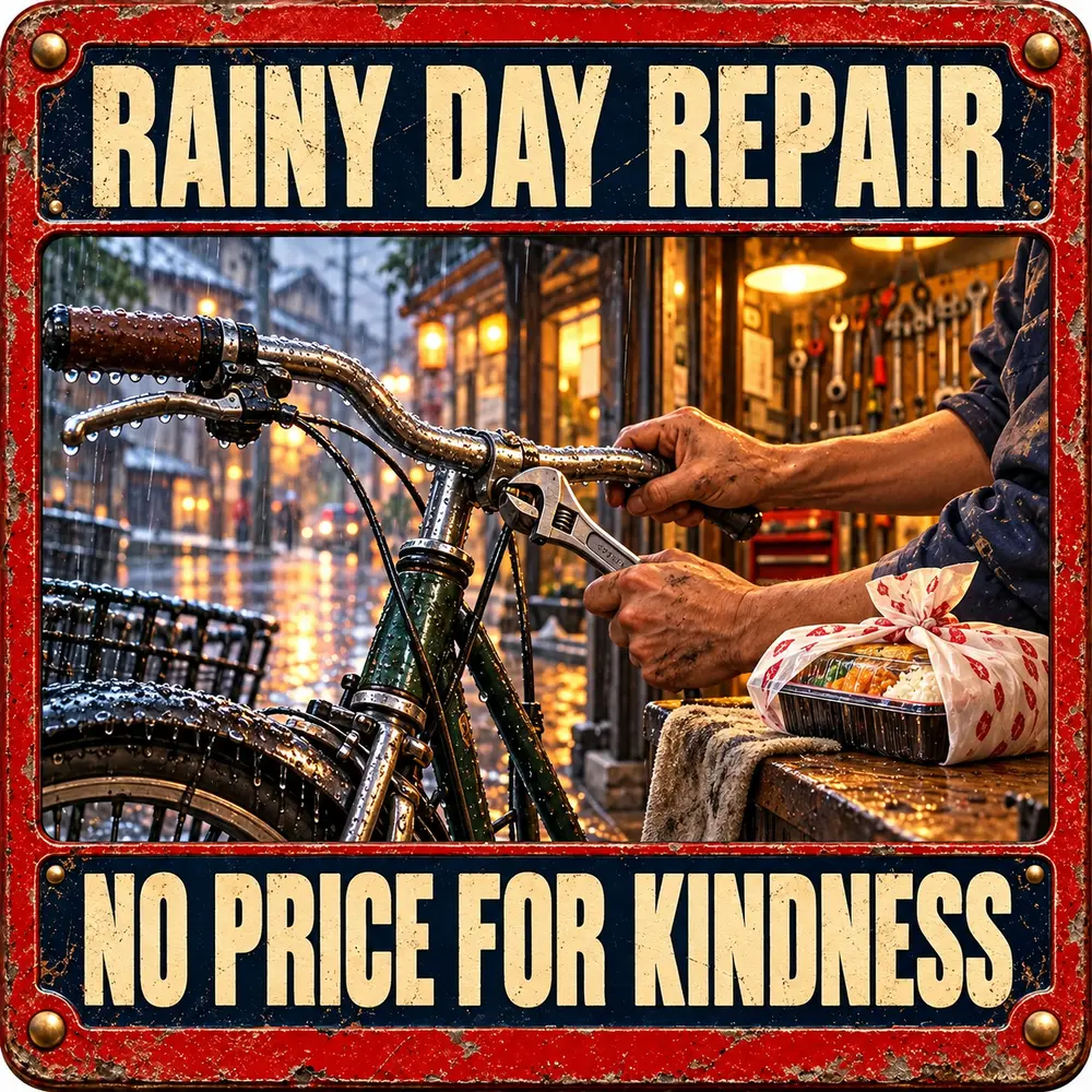 Satirical Blappos illustration: Japanese bicycle mechanic fixes crash damage for free; rider returns with lunch
