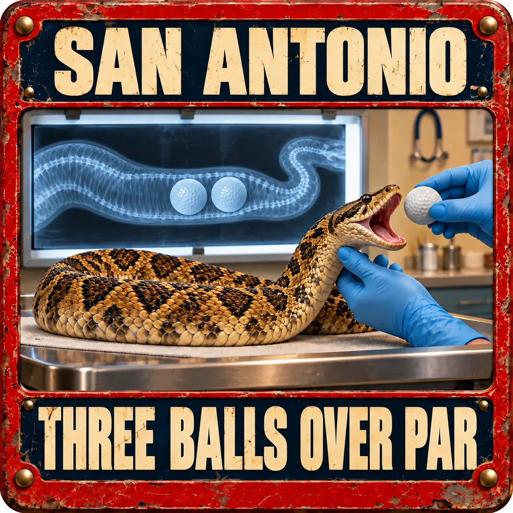 Satirical Blappos illustration: Snake swallows three golf balls; veterinarians finish the round without surgery