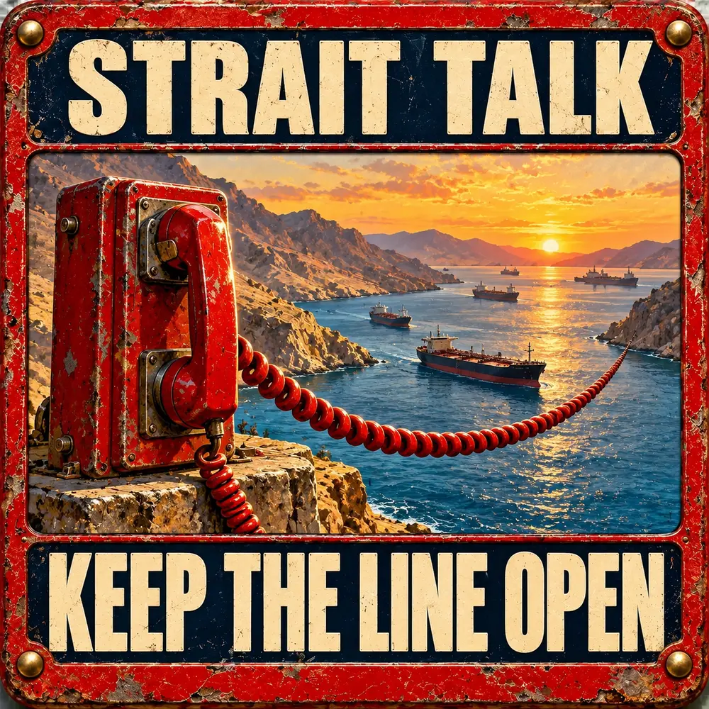 Satirical Blappos illustration: Iran says diplomacy is the only route after U.S. rejects Strait of Hormuz plan