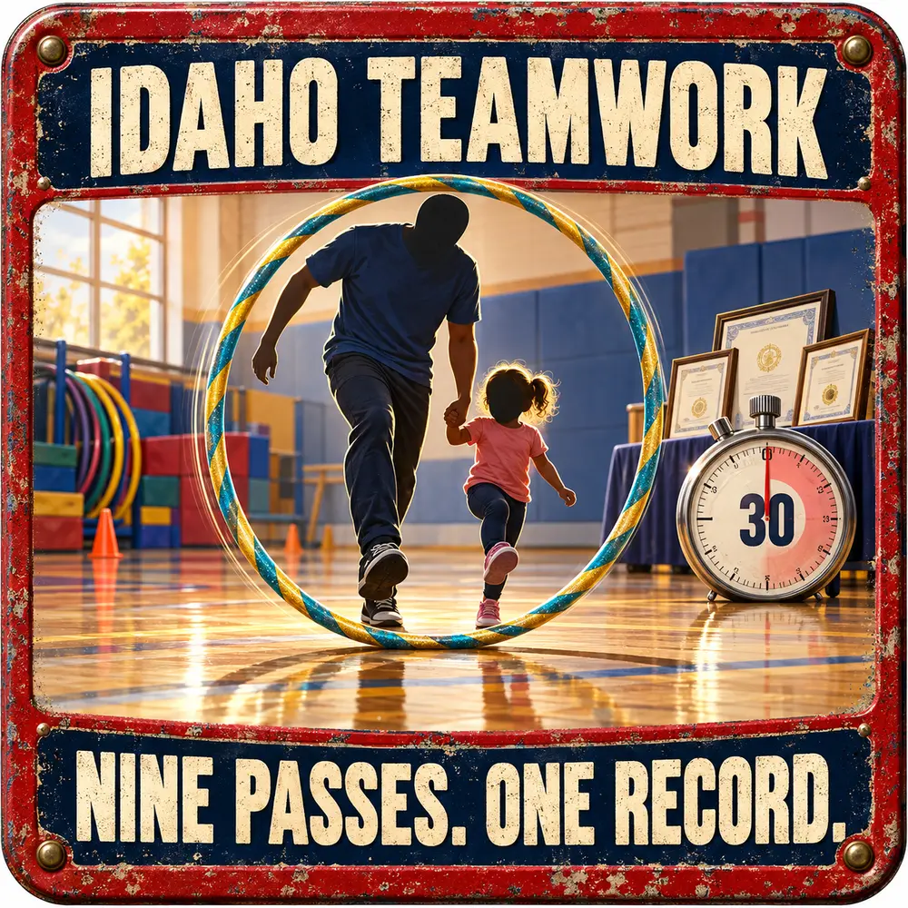 Satirical Blappos illustration: Three-year-old and dad jump through one hoop nine times for a world record