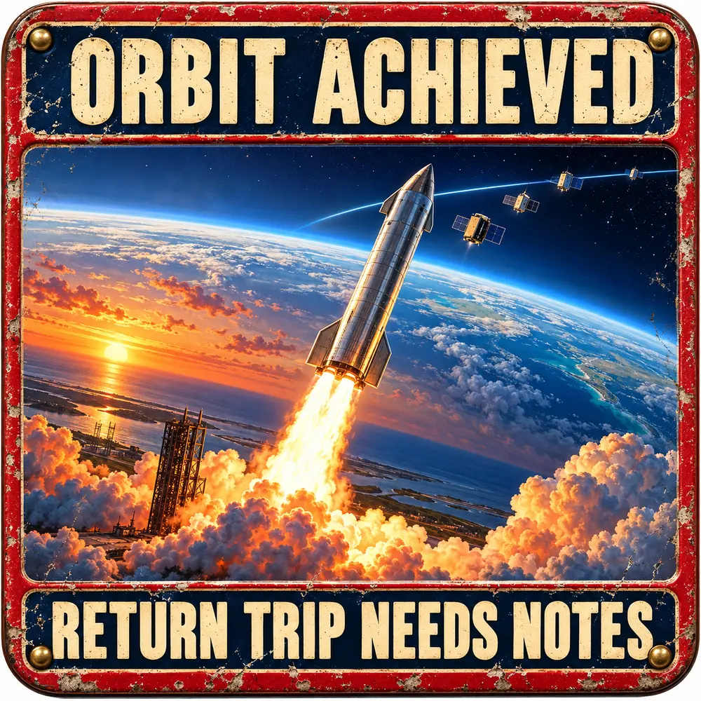 Satirical Blappos illustration: Starship reaches orbit for the first time, then returns three hours into a ten-hour mission