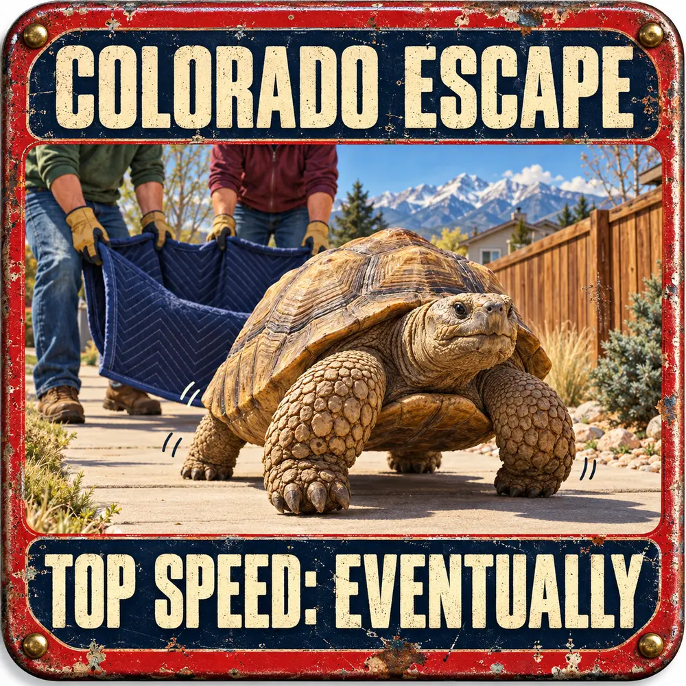 Satirical Blappos illustration: Nearly 100-pound tortoise stages the world’s slowest escape