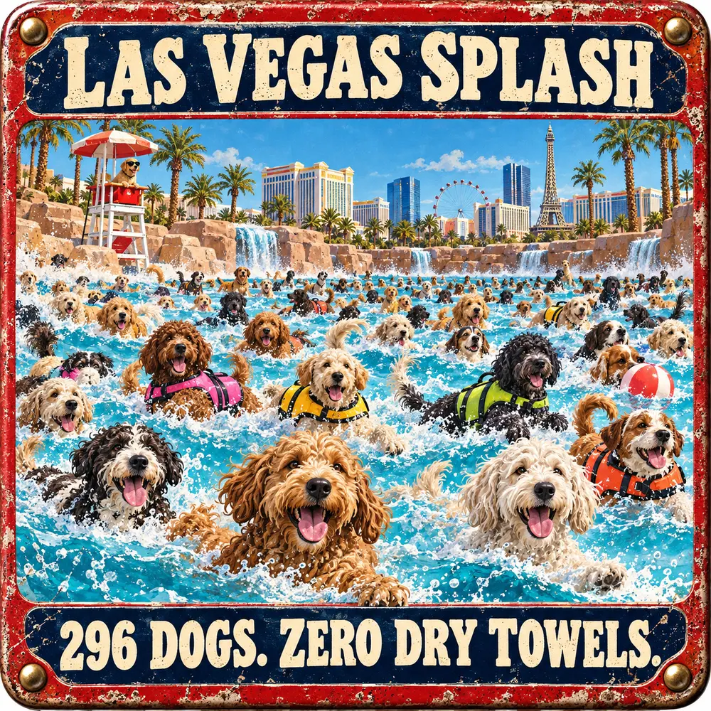 Satirical Blappos illustration: 296 dogs take over a Las Vegas water park and break a pool-party record
