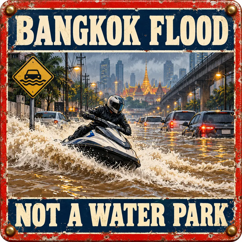 Satirical Blappos illustration: Jet ski stunt on flooded Bangkok street ends with jail, fine and confiscation