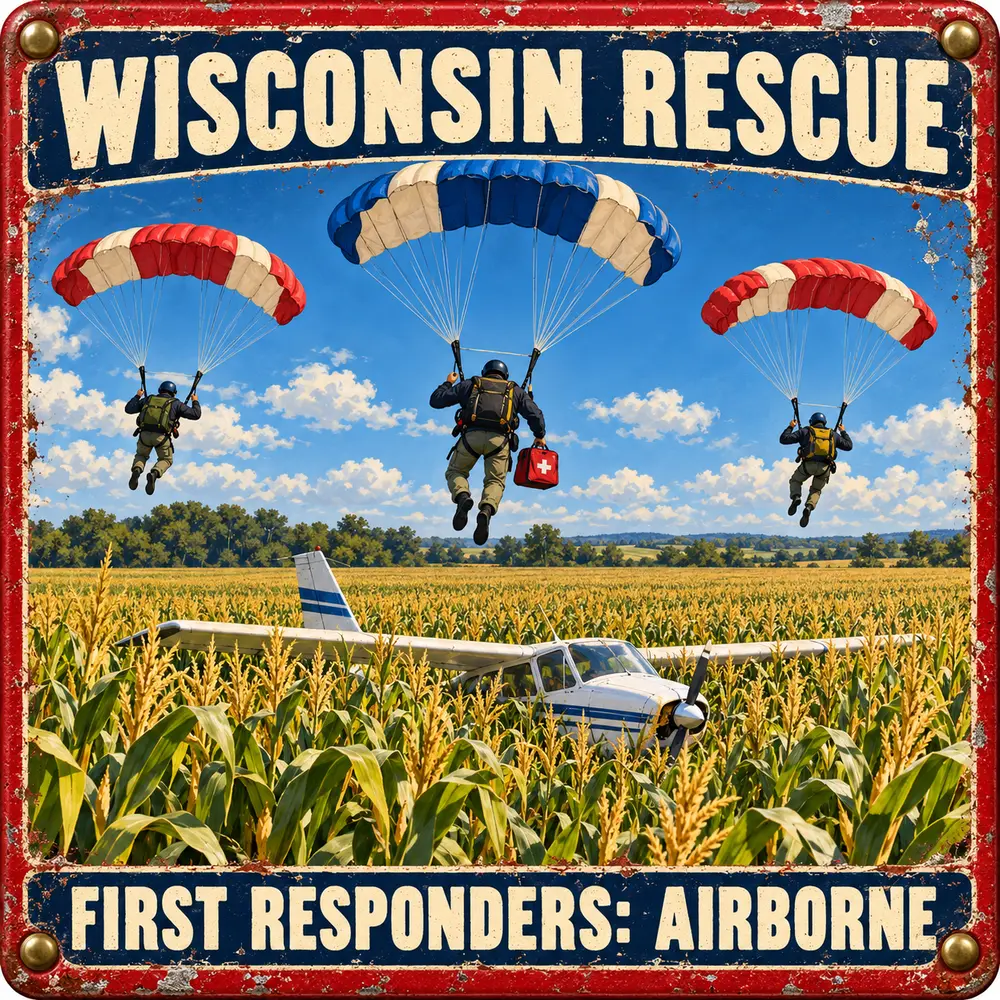 Satirical Blappos illustration: Skydivers parachute into a Wisconsin cornfield to aid plane-crash survivors