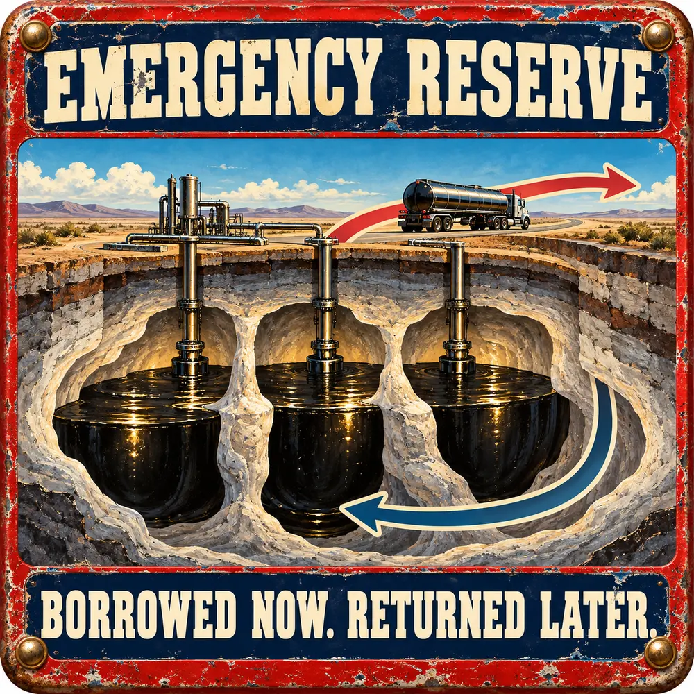Satirical Blappos illustration: U.S. offers 40 million barrels from emergency reserve as fuel prices stay high