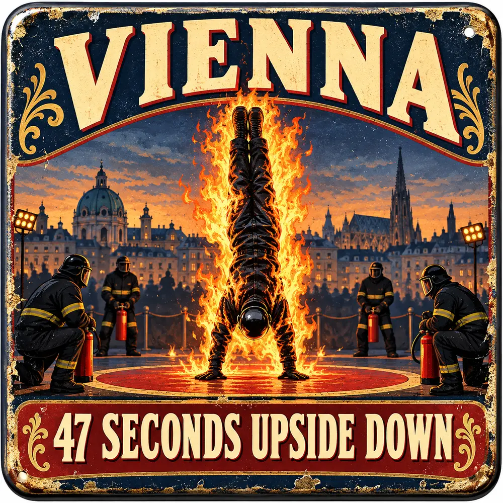 Satirical Blappos illustration: Stunt professional holds a flaming handstand for 47 seconds