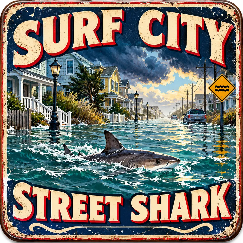 Satirical Blappos illustration: Shark swims down a flooded New Jersey street after a nor'easter