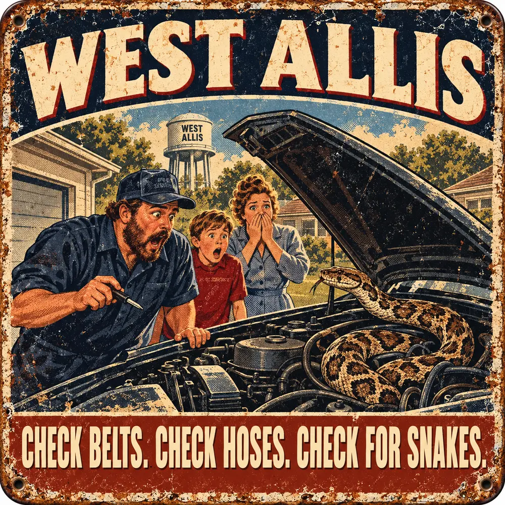 Satirical Blappos illustration: Wisconsin mechanic discovers one hose has opinions