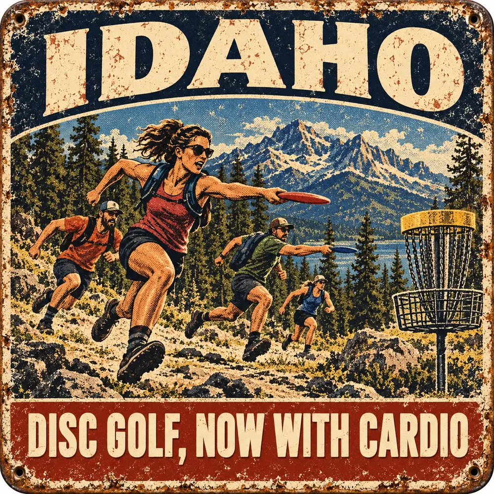Satirical Blappos illustration: Disc golfers make relaxation stressful in 41.33 seconds