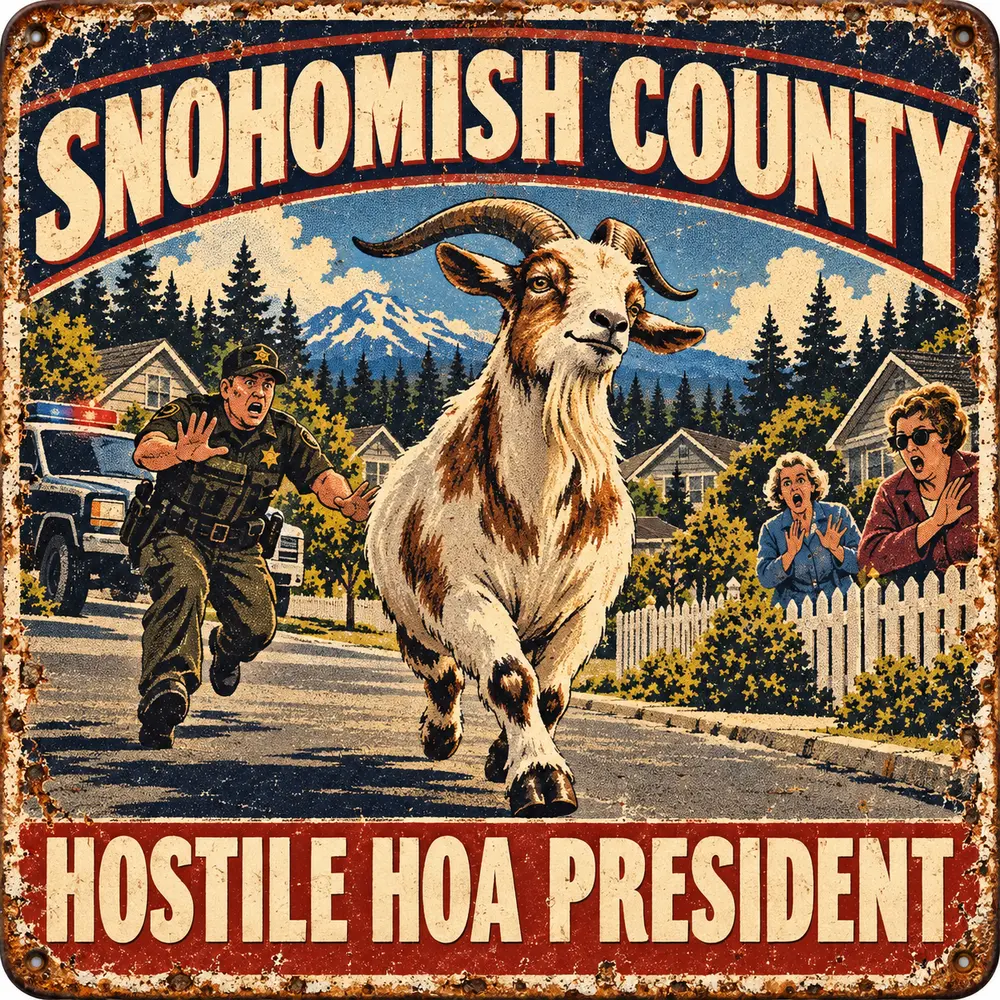 Satirical Blappos illustration: Escaped goat becomes acting neighborhood security director